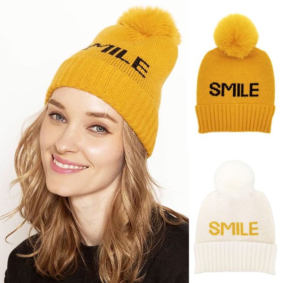 NEW Cute Smile Logo Graphic Faux Fur Pom Pom Cozy  Knit Beanie Hat Ivory Mustard - Picture 2 of 7